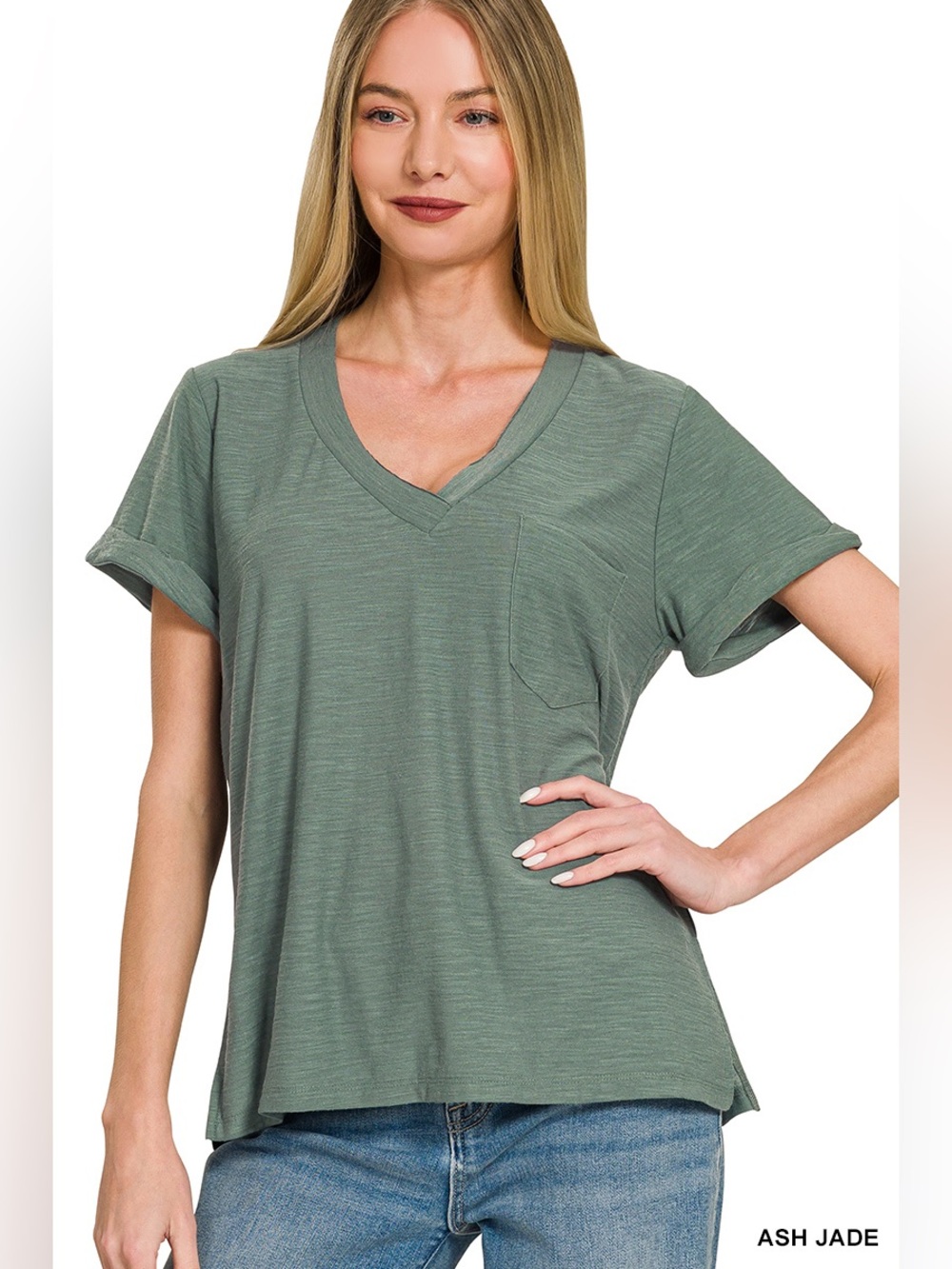 Zenana SLUB ROLLED SHORT SLEEVE V-NECK TEE